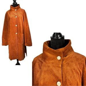 Travelsmith Women's Orange Corduroy Coat Long Overcoat Quilted Coastal Cowgirl
